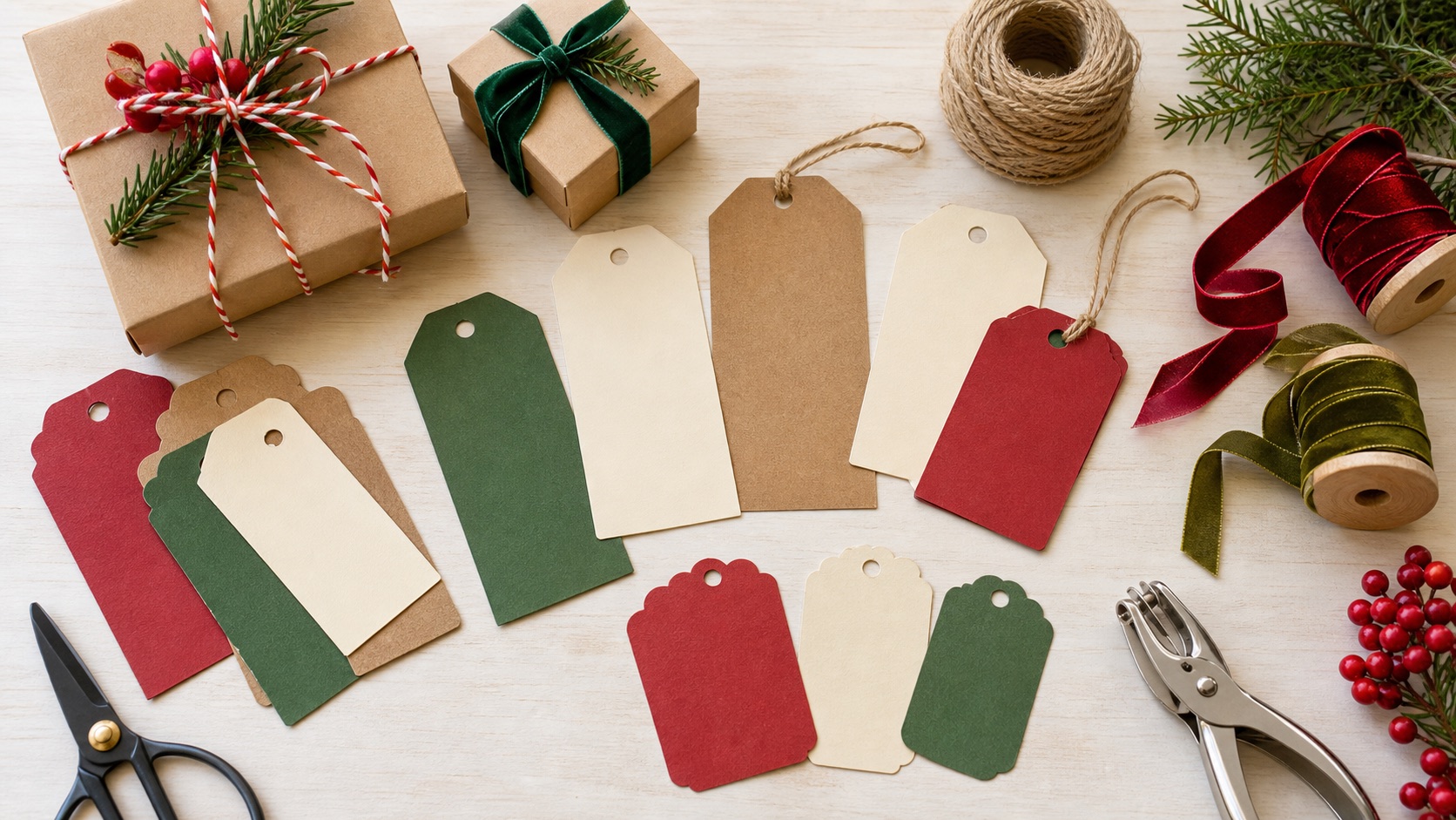 Ribbon, twine, and holiday gift tags ready for wrapping