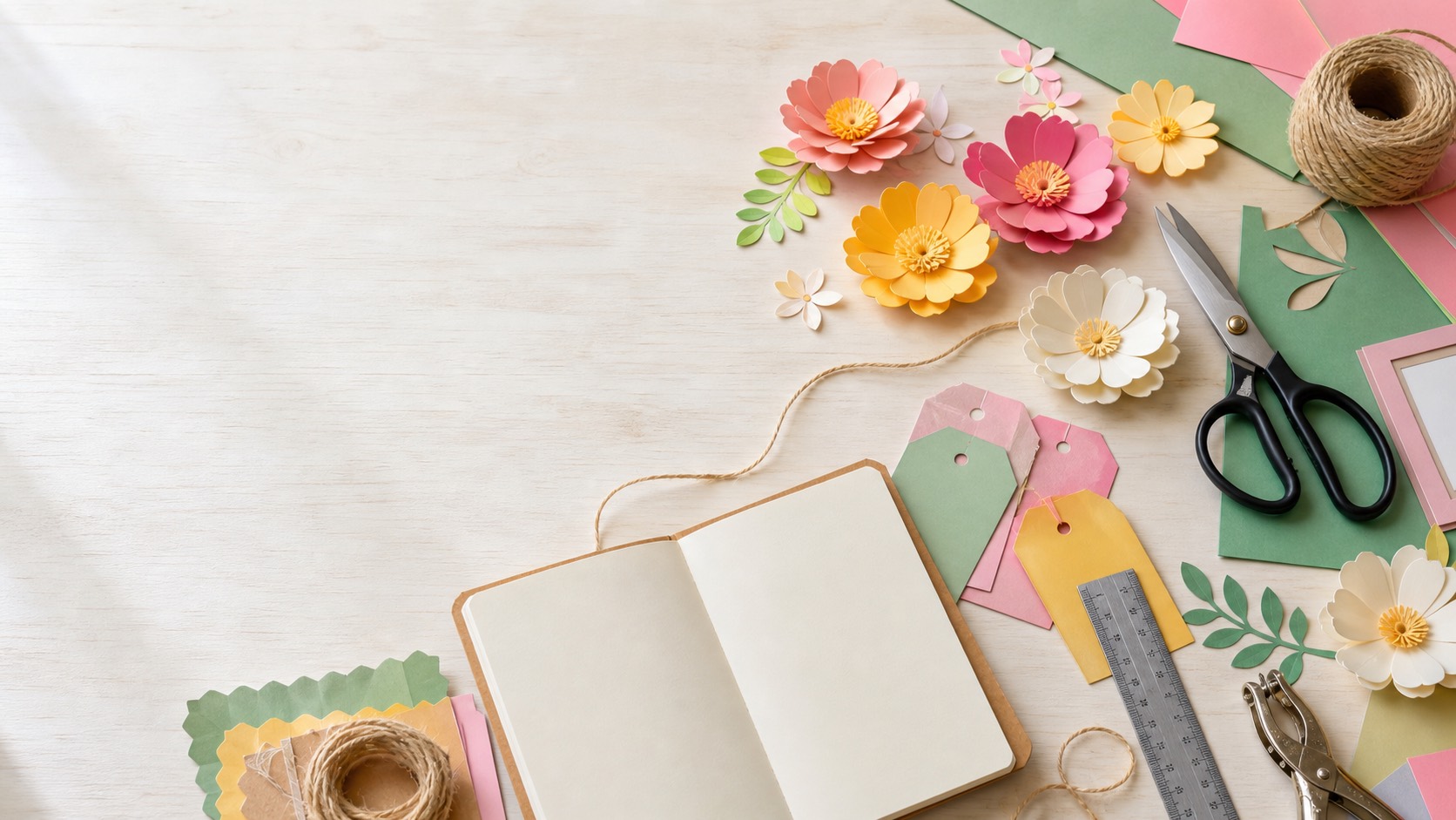 Paper flowers, tags, twine, cardstock, and craft tools on a bright table