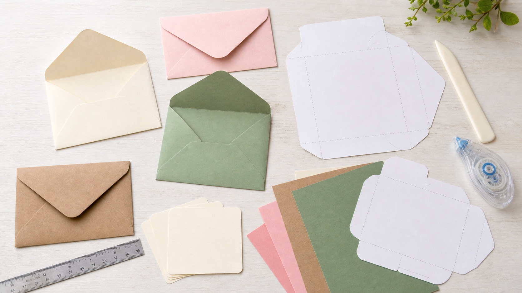 Handmade envelopes, templates, ruler, and scoring tool