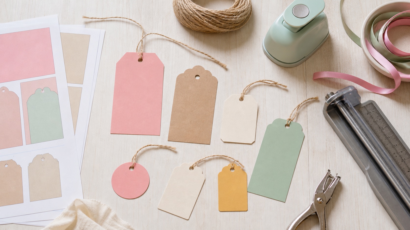 Printable gift tags, twine, ribbon, and paper tools