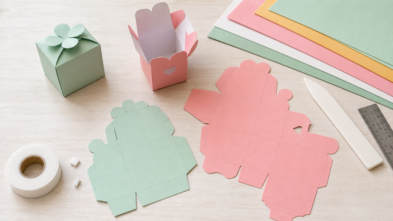Cardstock, paper box templates, ruler, and scoring tool