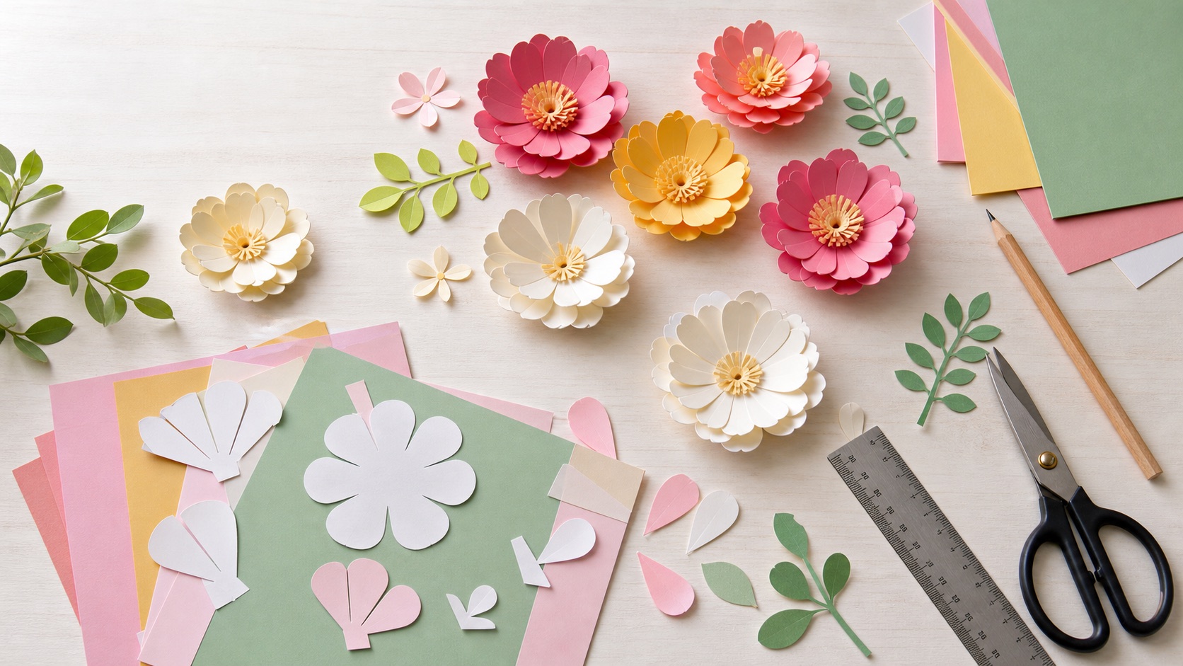 Layered paper flowers and petal templates on a craft table