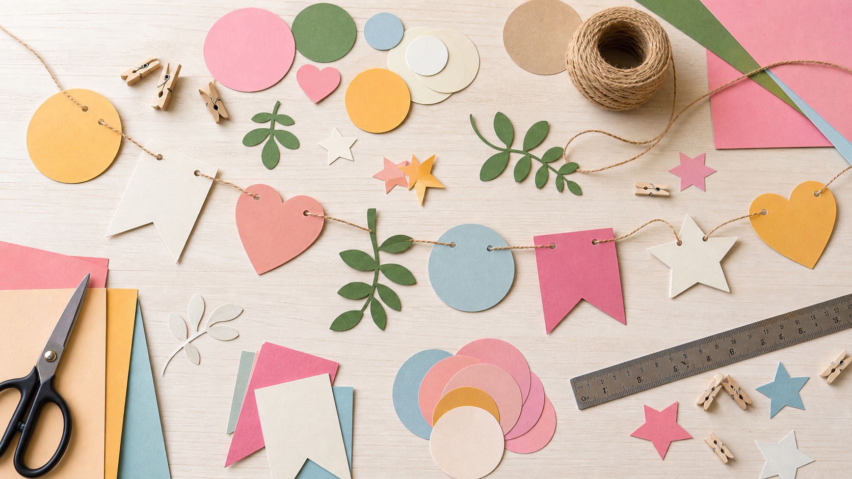 Paper garland pieces, twine, ruler, and clips